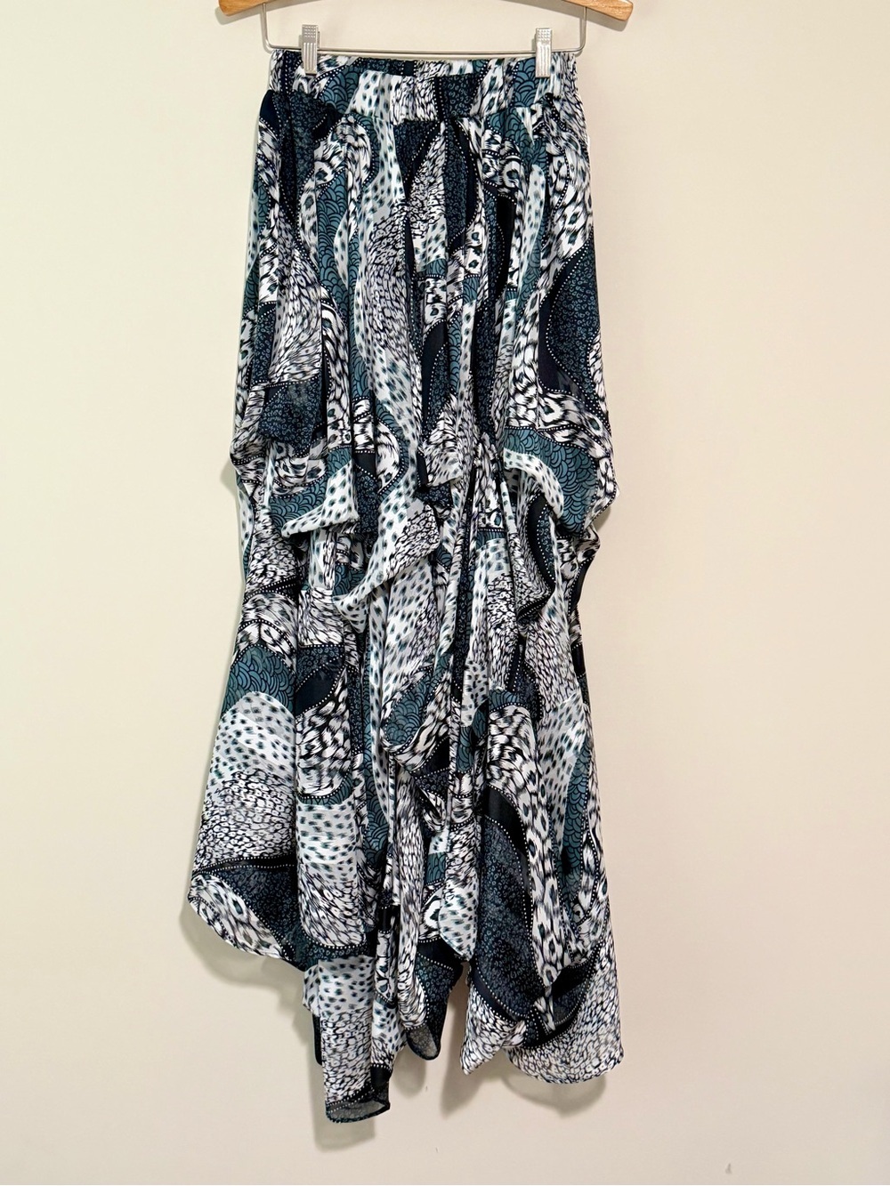 Boho Flowy Teal Black & White Abstract Handkerchief Maxi Skirt - Picture 3 of 15